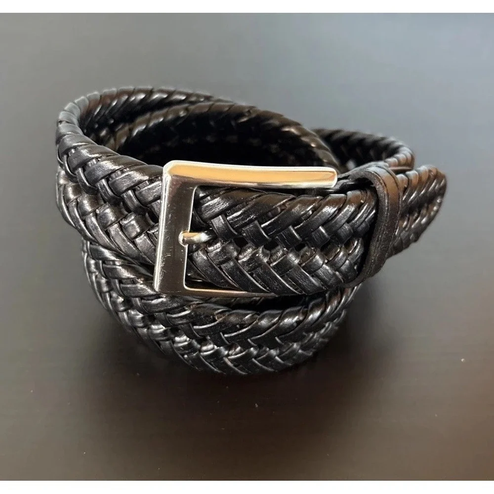 Dockers Mens Belt Size 38/95 Black‎ Leather Woven Design Silvertone Buckle